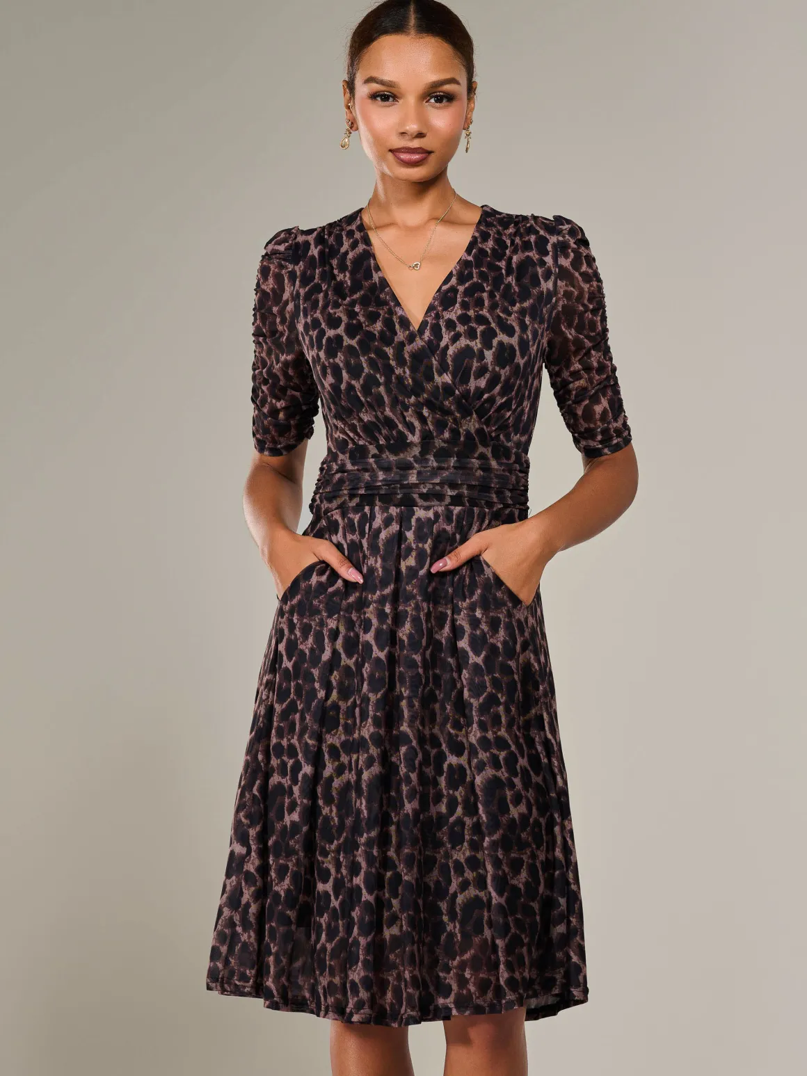 Mesh Half Sleeve Midaxi Dress, Brown Leopard