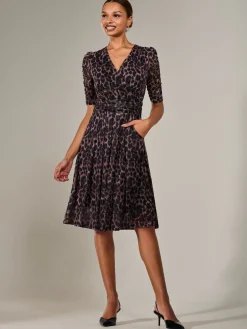 Mesh Half Sleeve Midaxi Dress, Brown Leopard
