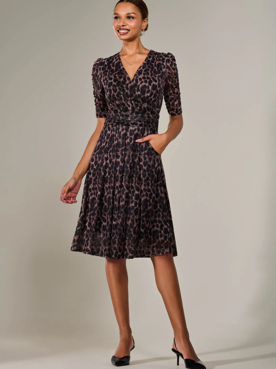 Mesh Half Sleeve Midaxi Dress, Brown Leopard