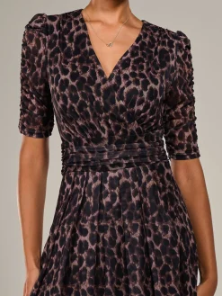 Mesh Half Sleeve Midaxi Dress, Brown Leopard
