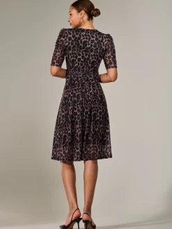 Mesh Half Sleeve Midaxi Dress, Brown Leopard