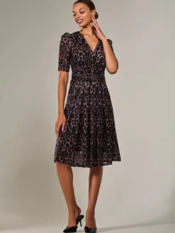 Mesh Half Sleeve Midaxi Dress, Brown Leopard