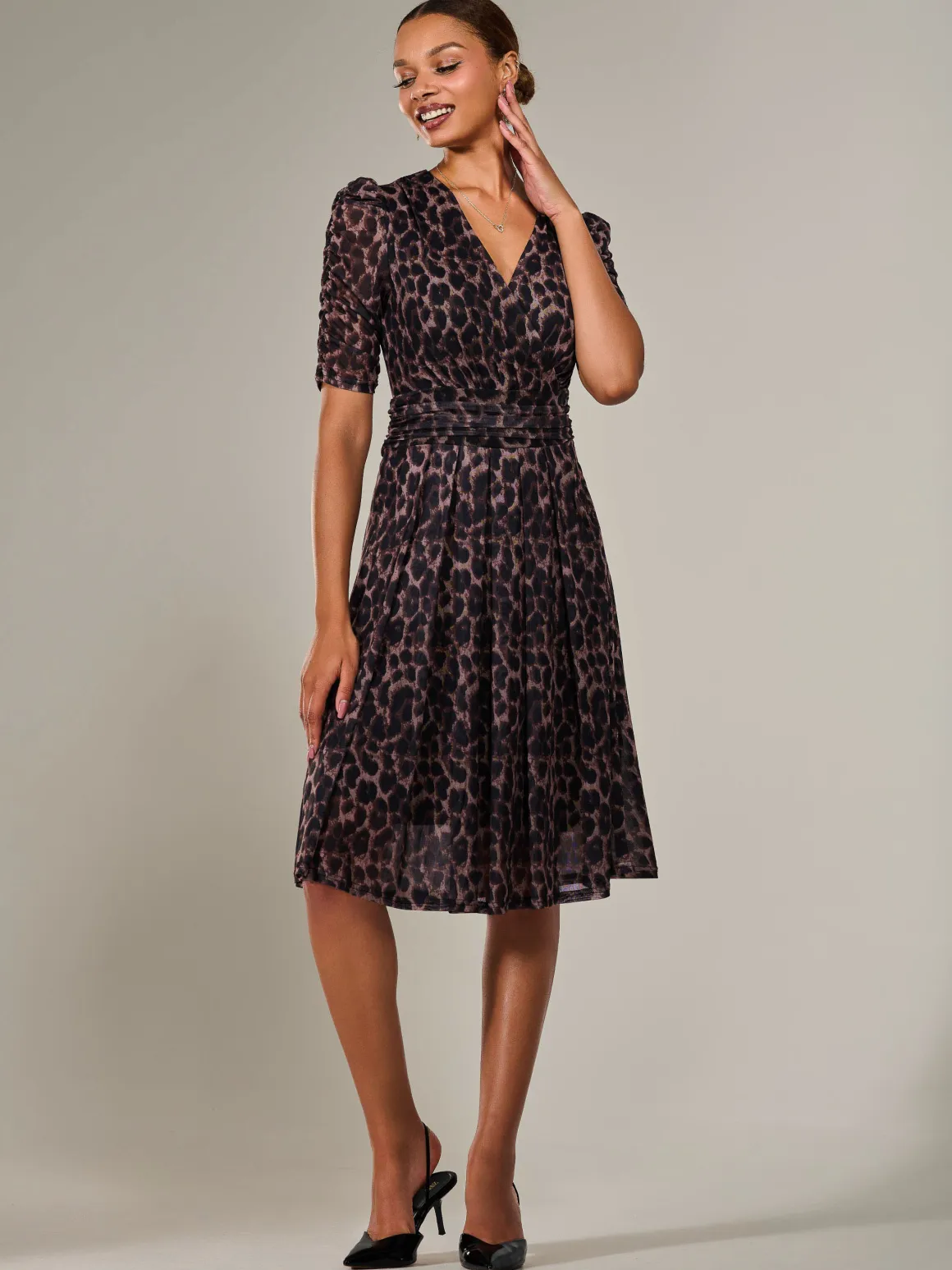 Mesh Half Sleeve Midaxi Dress, Brown Leopard