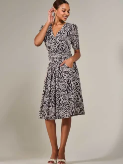 Mesh Half Sleeve Midaxi Dress, Neutral Animal
