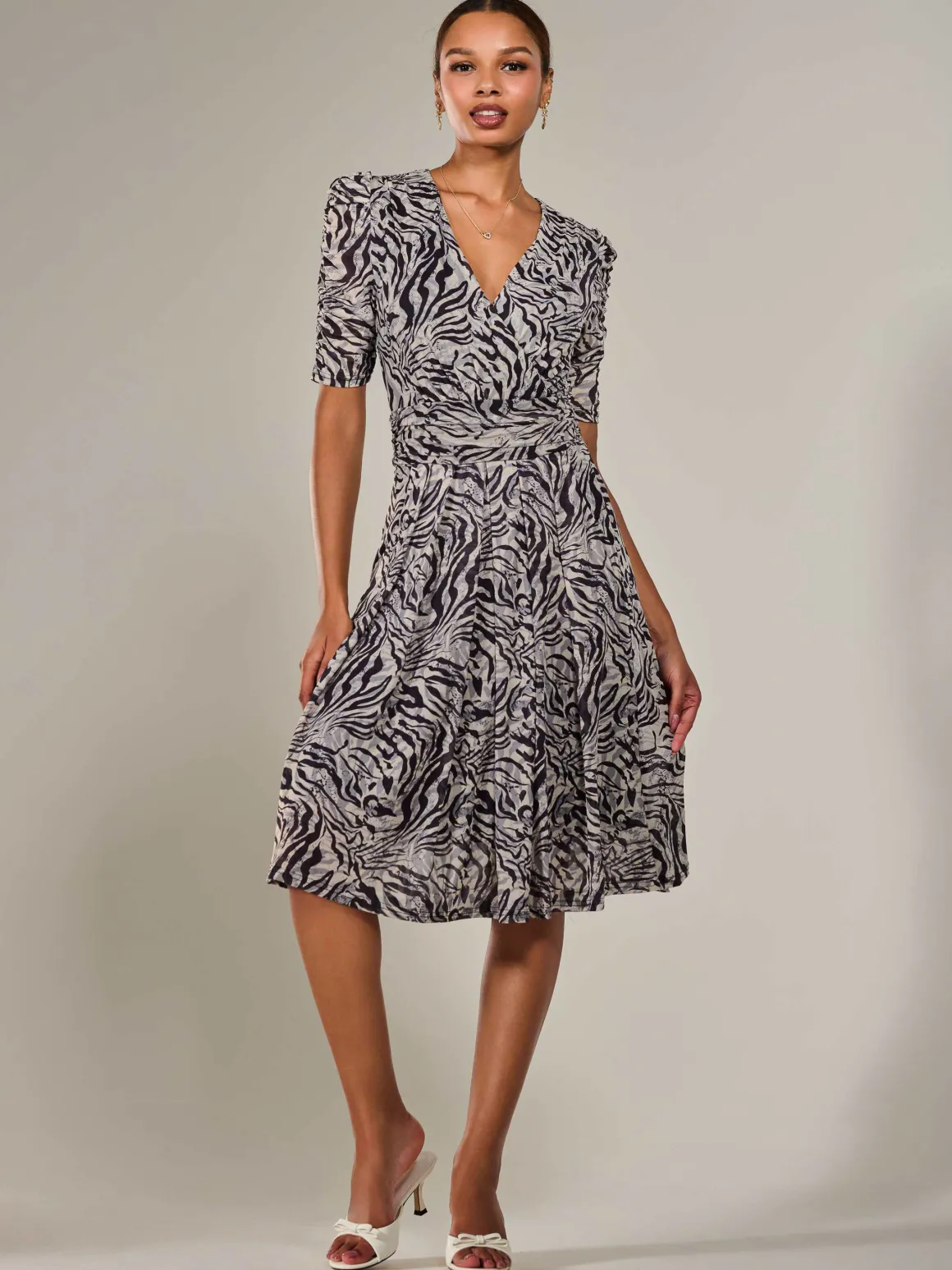 Mesh Half Sleeve Midaxi Dress, Neutral Animal