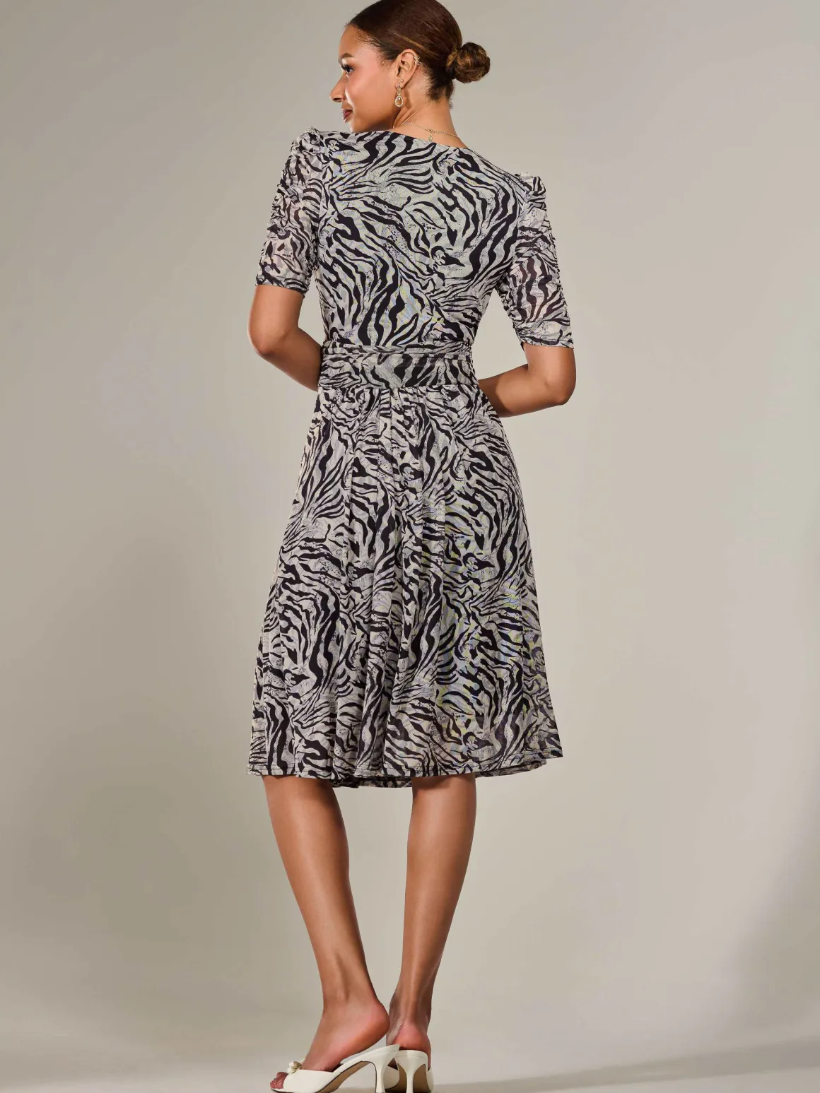 Mesh Half Sleeve Midaxi Dress, Neutral Animal