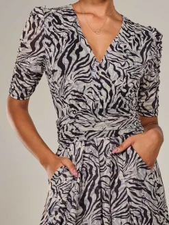 Mesh Half Sleeve Midaxi Dress, Neutral Animal