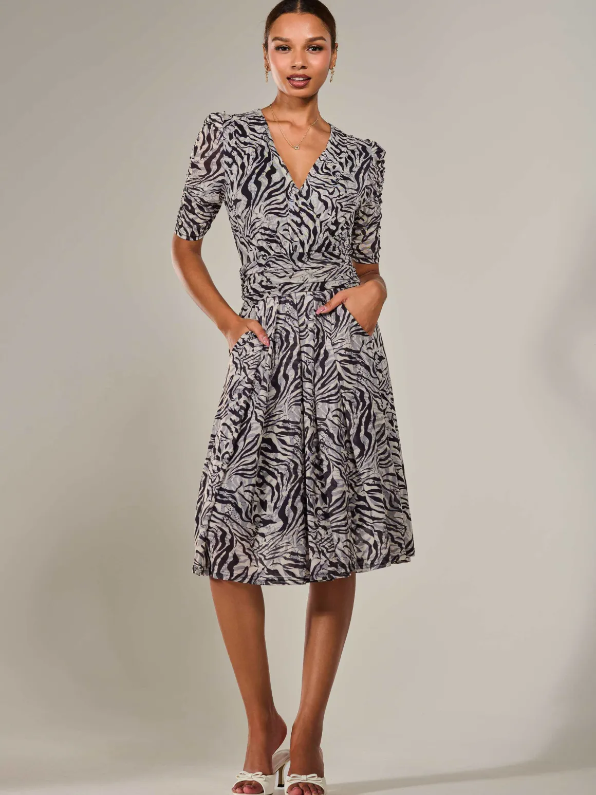 Mesh Half Sleeve Midaxi Dress, Neutral Animal