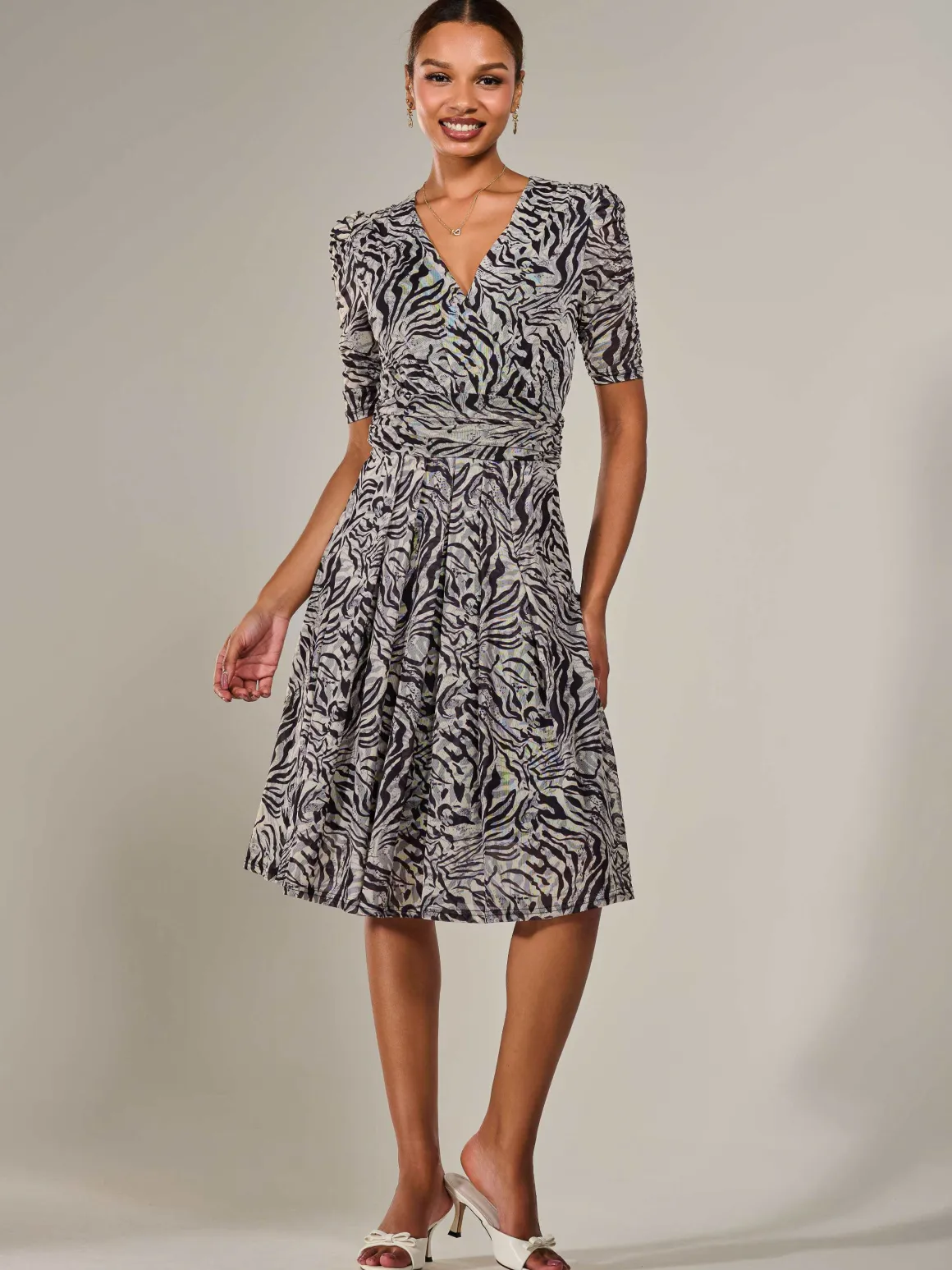 Mesh Half Sleeve Midaxi Dress, Neutral Animal