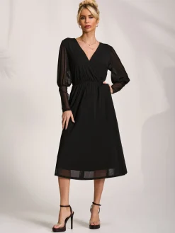 Mesh Long Puff Sleeve Wrap Midi Dress, Black