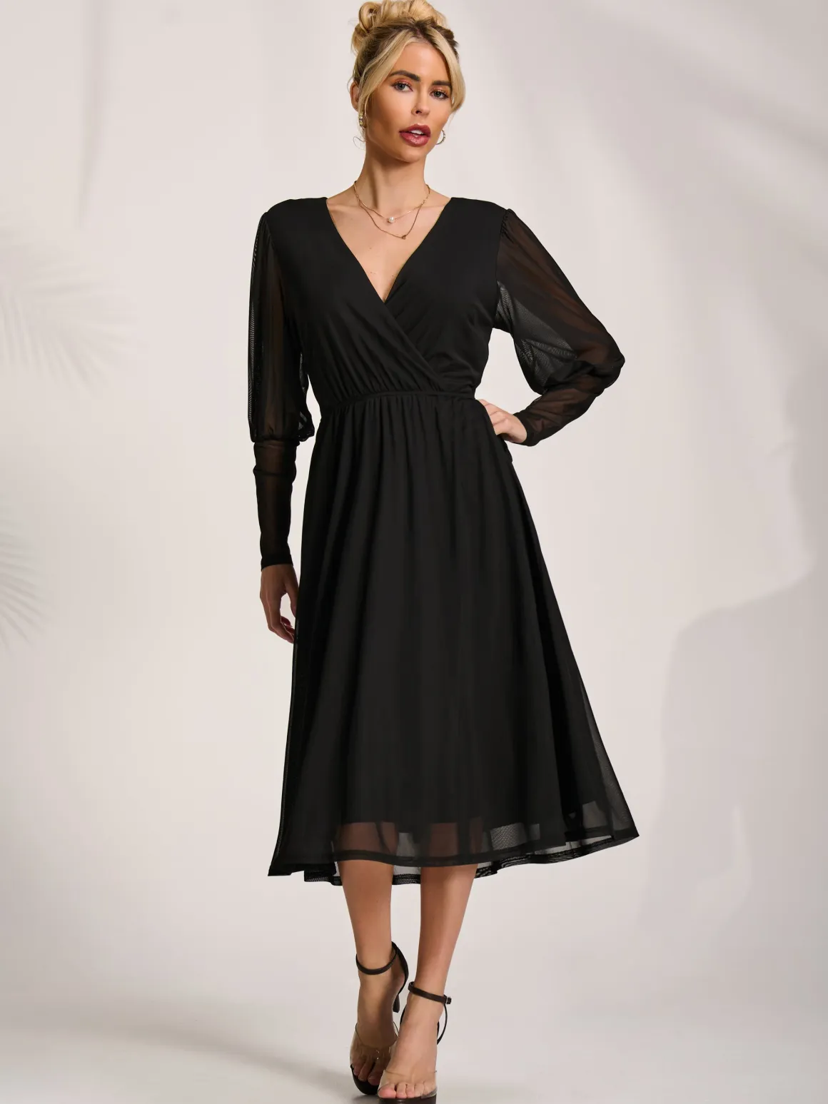 Mesh Long Puff Sleeve Wrap Midi Dress, Black