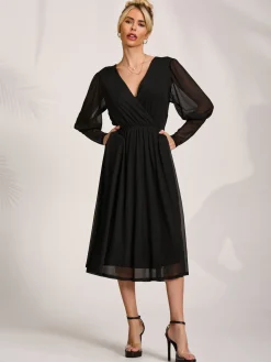 Mesh Long Puff Sleeve Wrap Midi Dress, Black