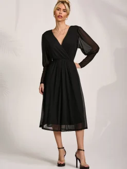 Mesh Long Puff Sleeve Wrap Midi Dress, Black