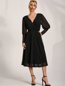 Mesh Long Puff Sleeve Wrap Midi Dress, Black