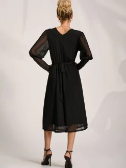 Mesh Long Puff Sleeve Wrap Midi Dress, Black