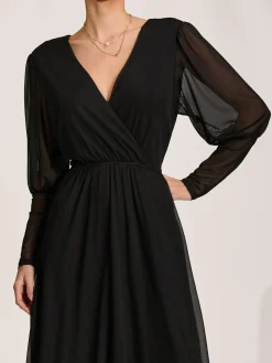 Mesh Long Puff Sleeve Wrap Midi Dress, Black