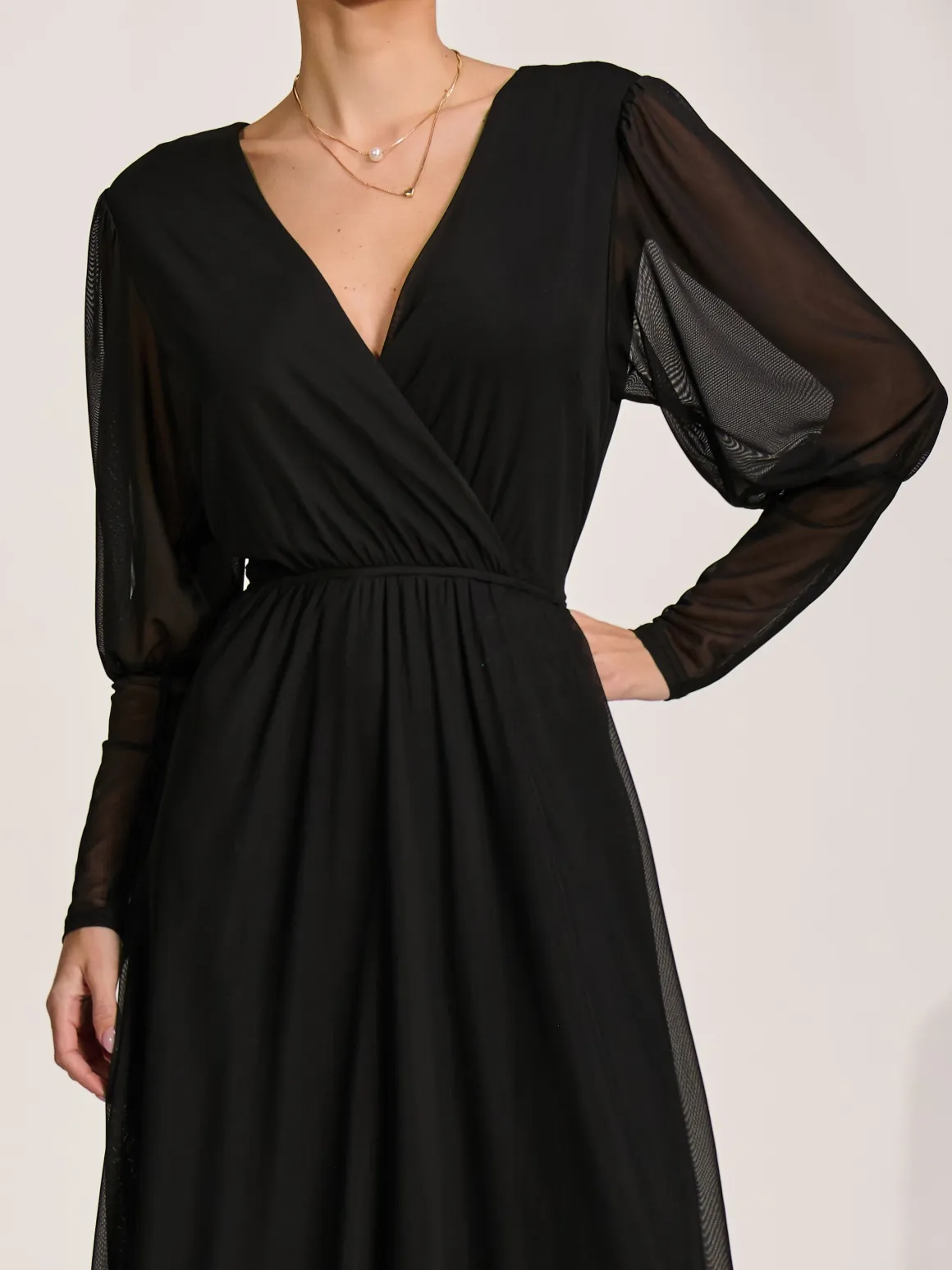 Mesh Long Puff Sleeve Wrap Midi Dress, Black