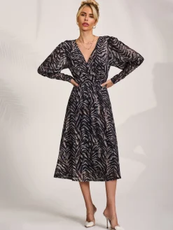 Mesh Long Puff Sleeve Wrap Midi Dress, Brown Tiger