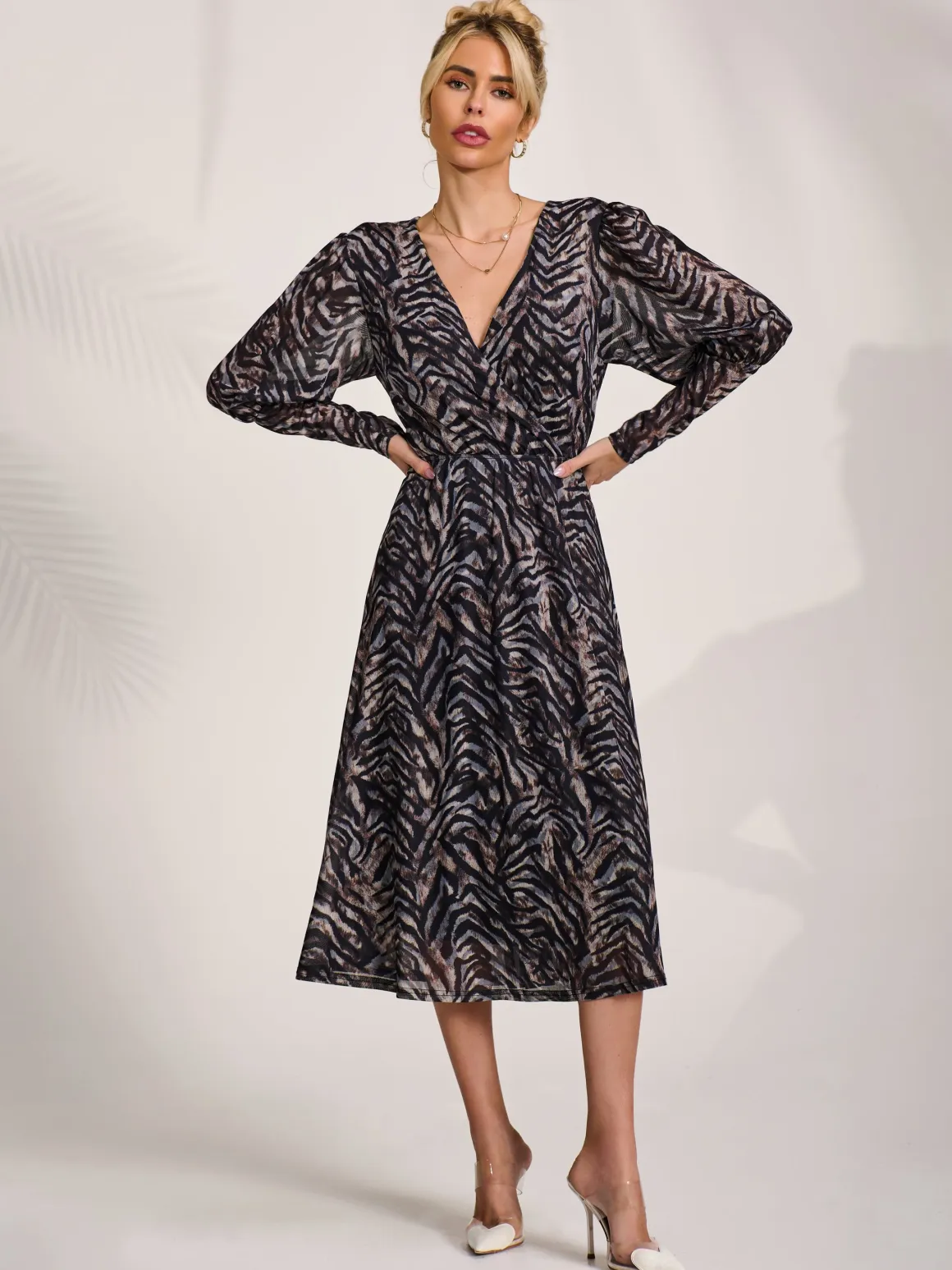 Mesh Long Puff Sleeve Wrap Midi Dress, Brown Tiger
