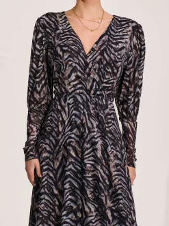 Mesh Long Puff Sleeve Wrap Midi Dress, Brown Tiger
