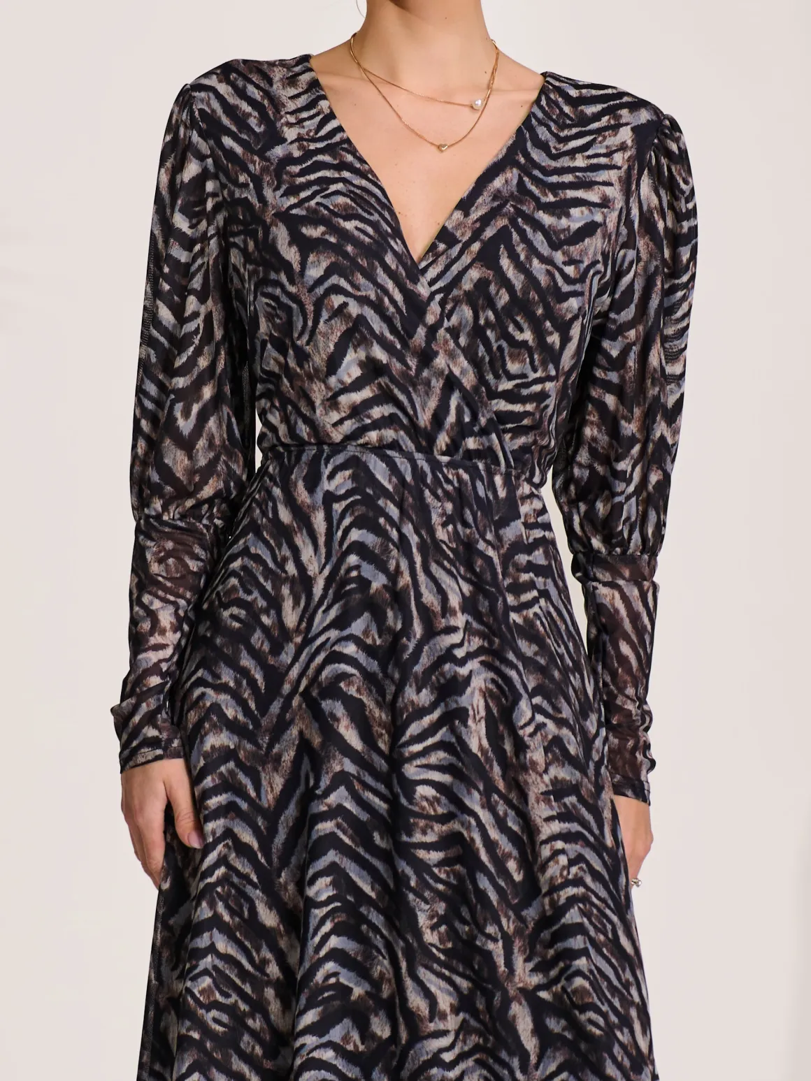 Mesh Long Puff Sleeve Wrap Midi Dress, Brown Tiger