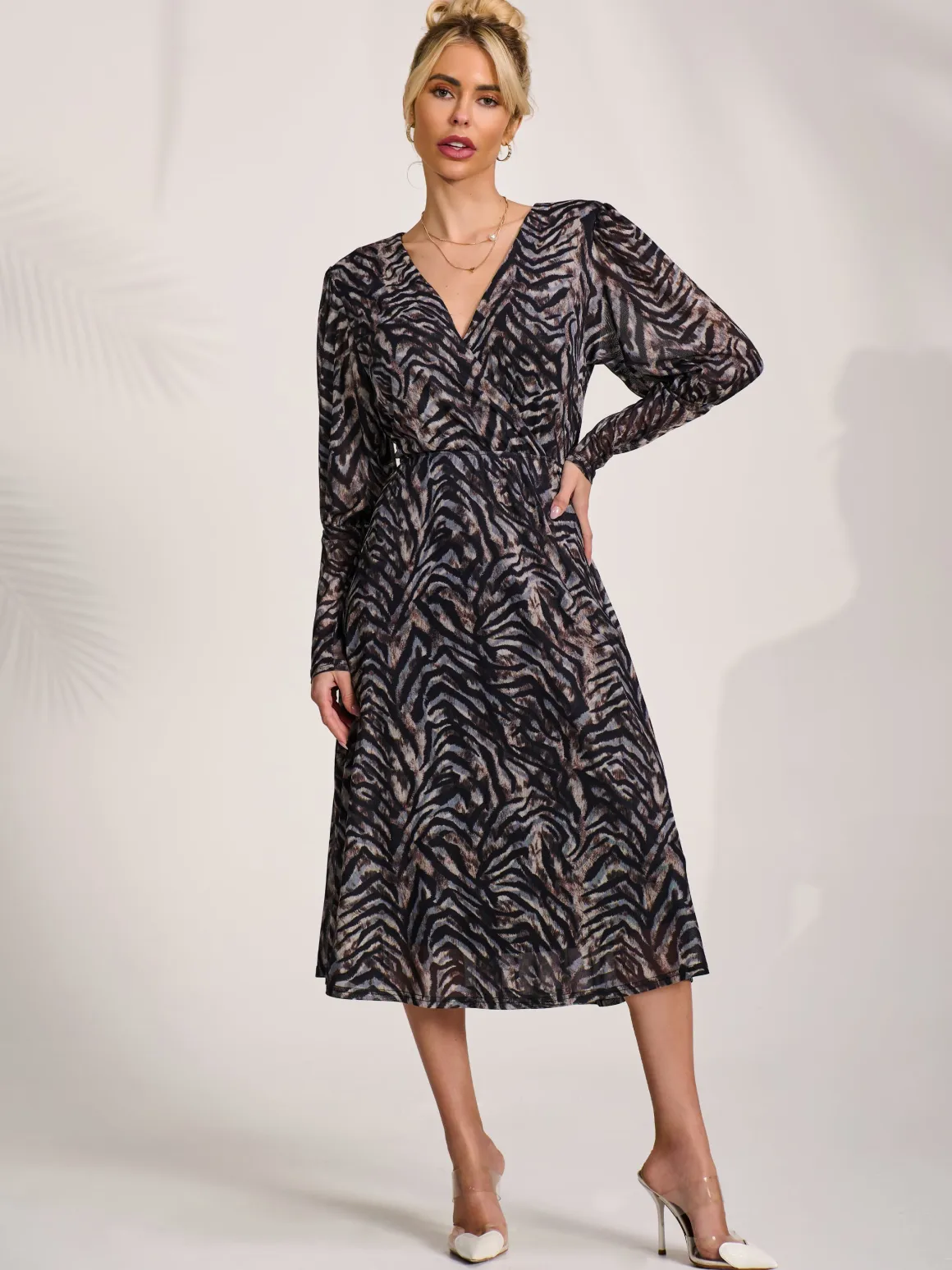 Mesh Long Puff Sleeve Wrap Midi Dress, Brown Tiger