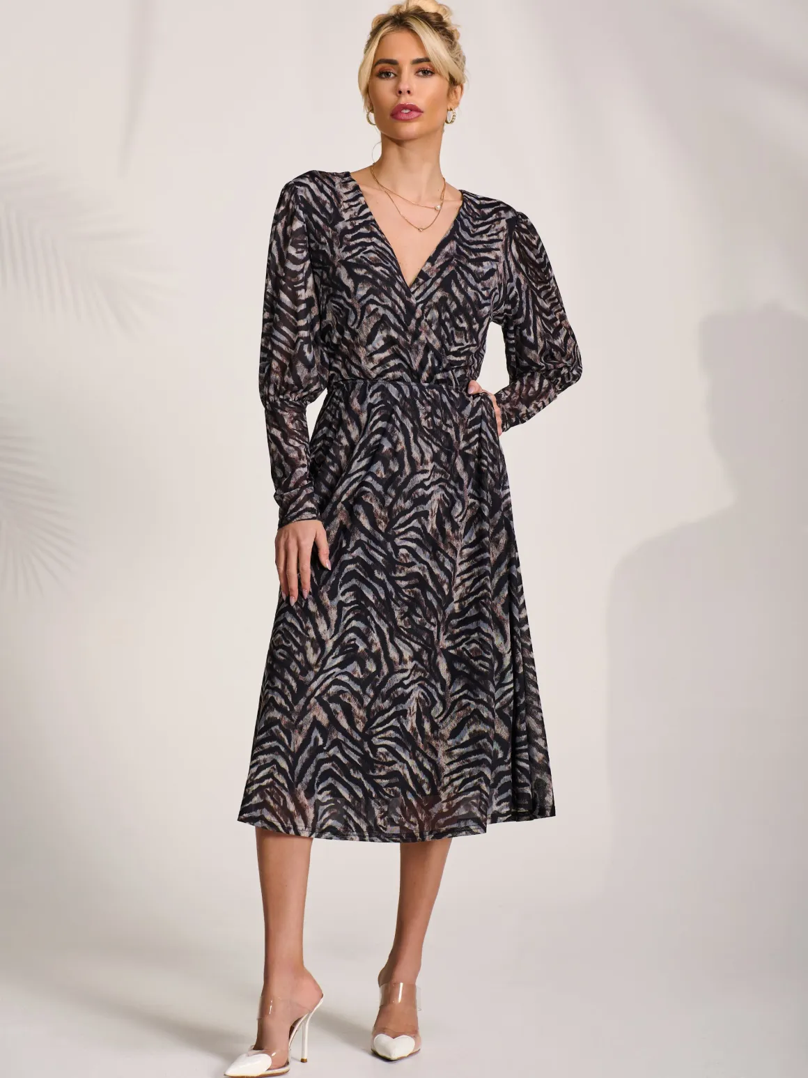 Mesh Long Puff Sleeve Wrap Midi Dress, Brown Tiger