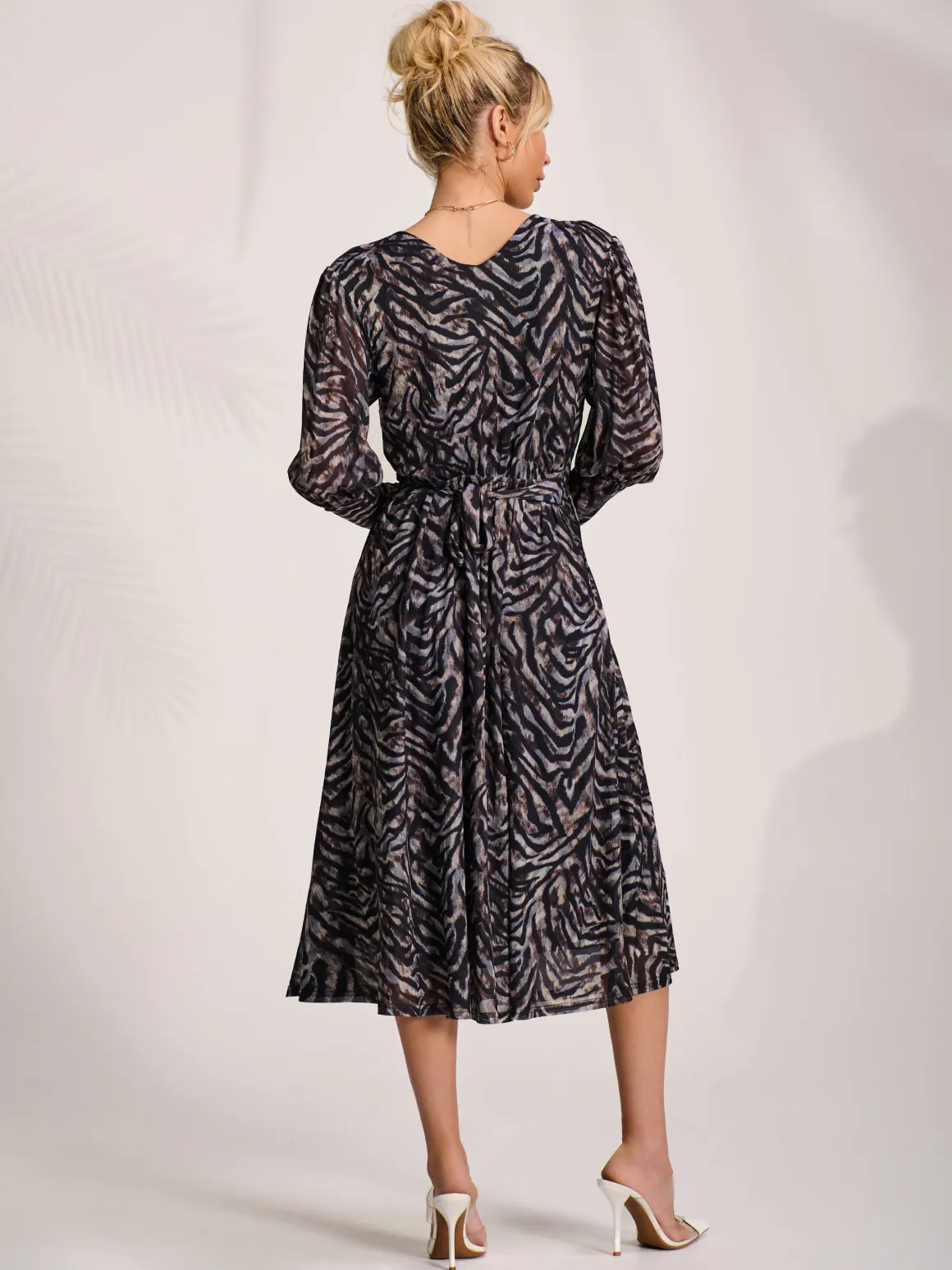 Mesh Long Puff Sleeve Wrap Midi Dress, Brown Tiger