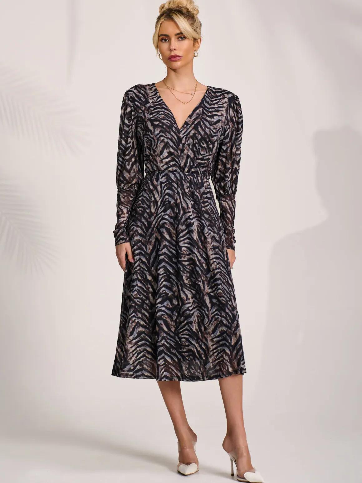 Mesh Long Puff Sleeve Wrap Midi Dress, Brown Tiger