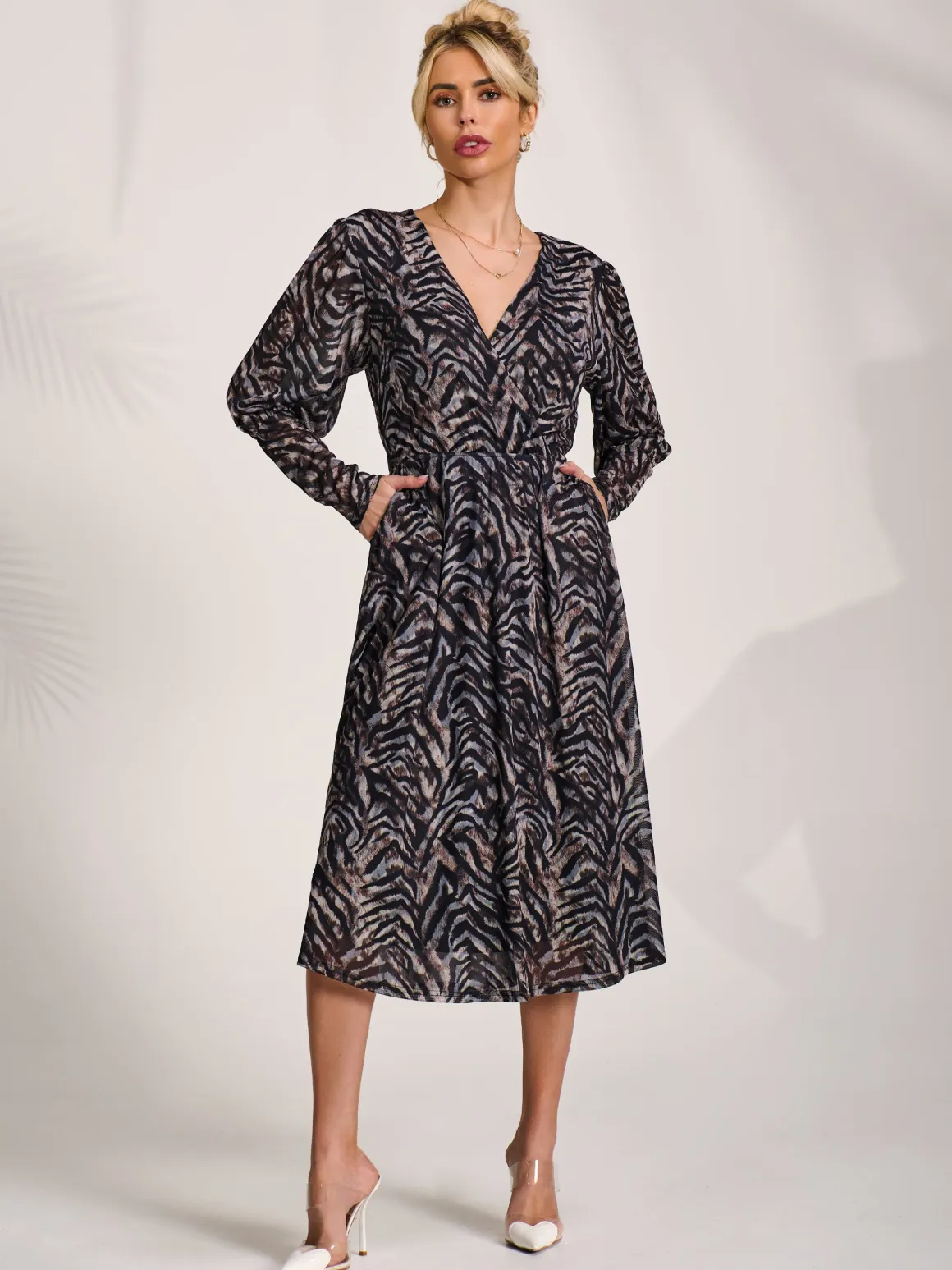 Mesh Long Puff Sleeve Wrap Midi Dress, Brown Tiger