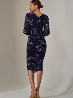Mesh Long Sleeve Ruched Bodycon Dress, Navy Pink Multi