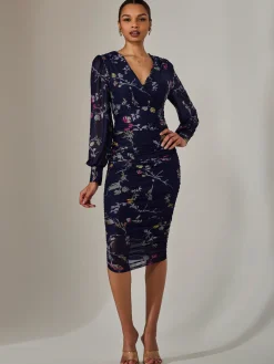 Mesh Long Sleeve Ruched Bodycon Dress, Navy Pink Multi