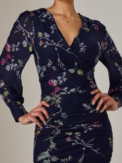 Mesh Long Sleeve Ruched Bodycon Dress, Navy Pink Multi