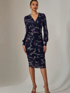 Mesh Long Sleeve Ruched Bodycon Dress, Navy Pink Multi