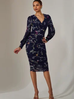 Mesh Long Sleeve Ruched Bodycon Dress, Navy Pink Multi