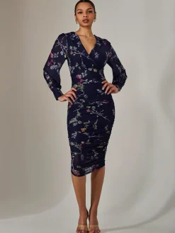 Mesh Long Sleeve Ruched Bodycon Dress, Navy Pink Multi