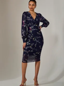 Mesh Long Sleeve Ruched Bodycon Dress, Navy Pink Multi