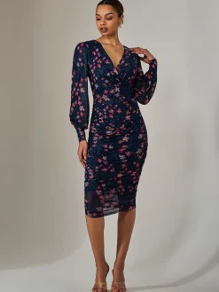 Mesh Long Sleeve Ruched Bodycon Dress, Navy Red Floral