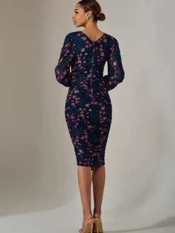 Mesh Long Sleeve Ruched Bodycon Dress, Navy Red Floral