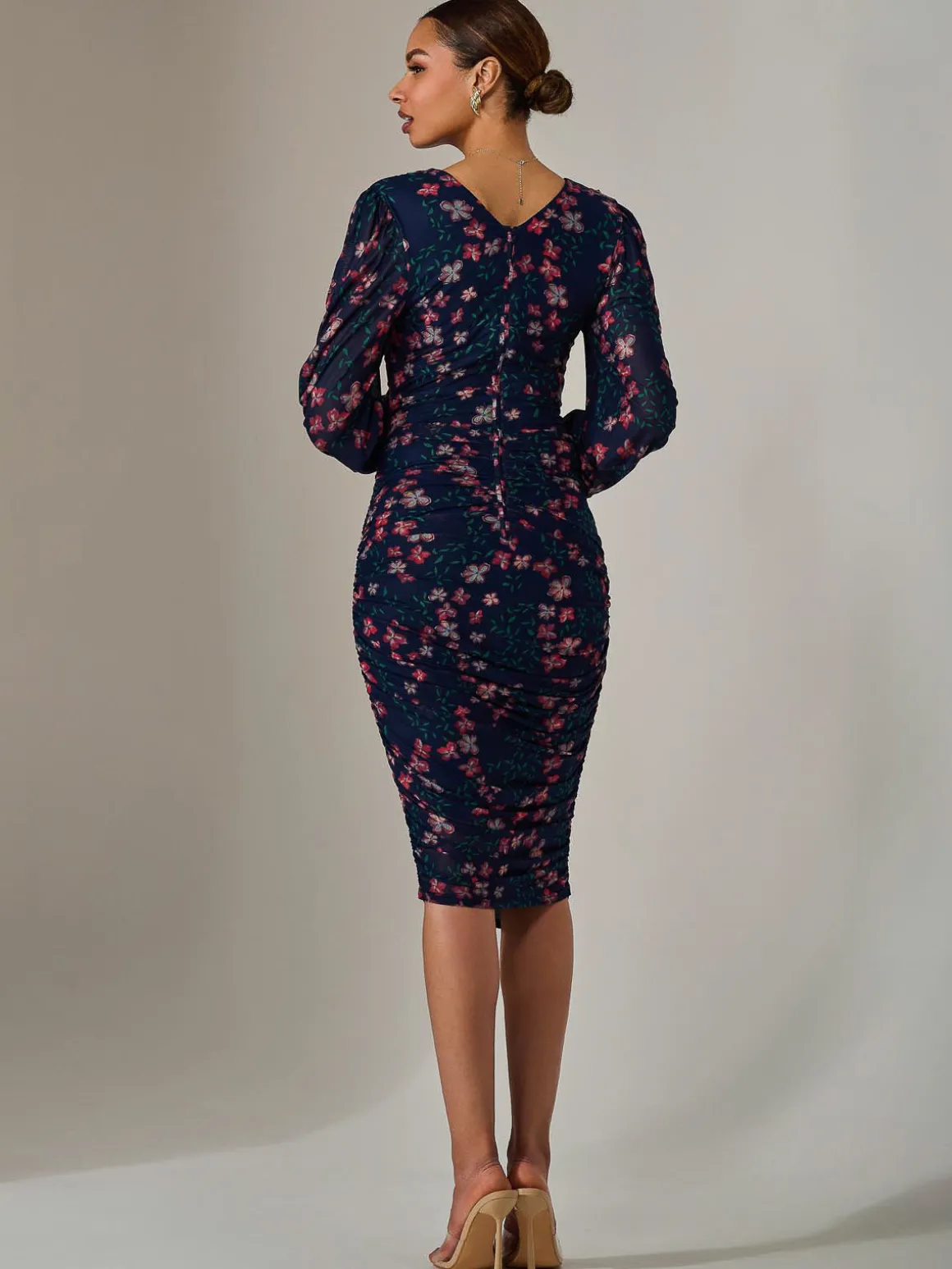 Mesh Long Sleeve Ruched Bodycon Dress, Navy Red Floral