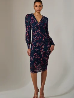 Mesh Long Sleeve Ruched Bodycon Dress, Navy Red Floral