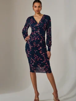 Mesh Long Sleeve Ruched Bodycon Dress, Navy Red Floral