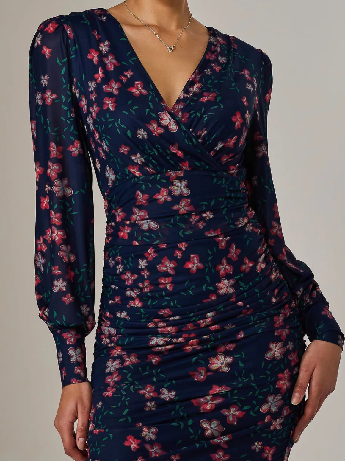 Mesh Long Sleeve Ruched Bodycon Dress, Navy Red Floral