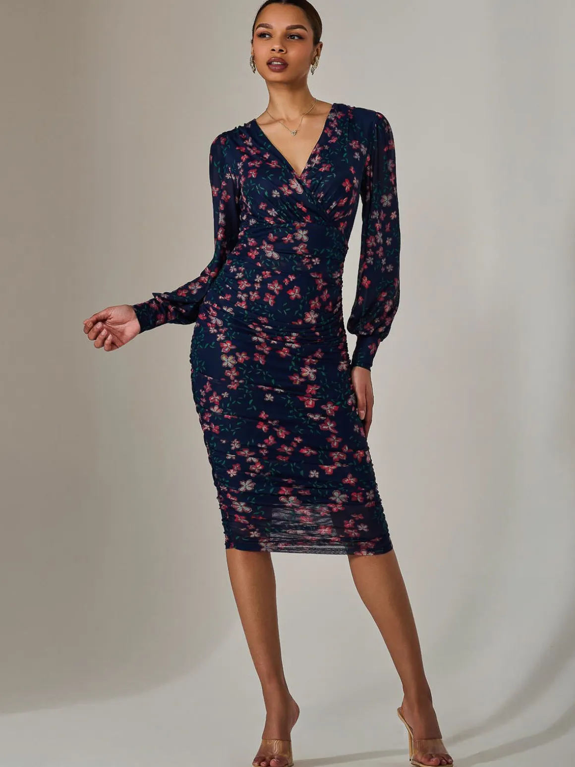 Mesh Long Sleeve Ruched Bodycon Dress, Navy Red Floral