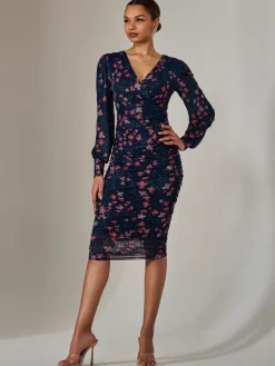 Mesh Long Sleeve Ruched Bodycon Dress, Navy Red Floral