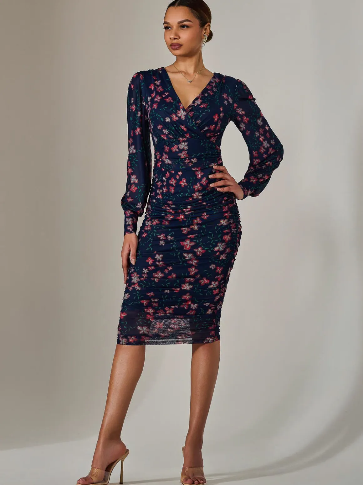 Mesh Long Sleeve Ruched Bodycon Dress, Navy Red Floral