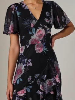 Mesh Print Frill Hem Midaxi Dress, Black Floral
