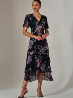 Mesh Print Frill Hem Midaxi Dress, Black Floral