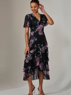 Mesh Print Frill Hem Midaxi Dress, Black Floral