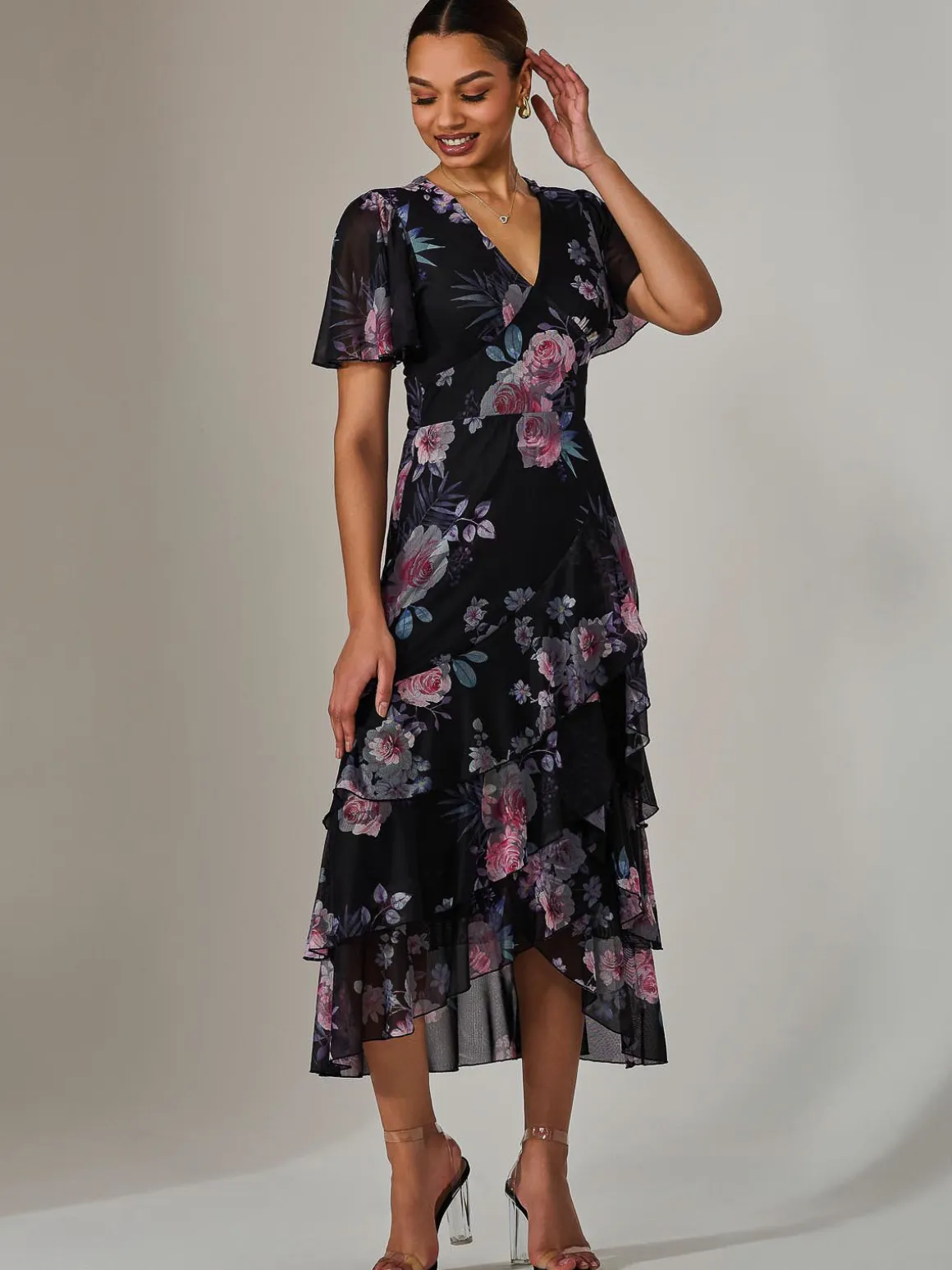 Mesh Print Frill Hem Midaxi Dress, Black Floral